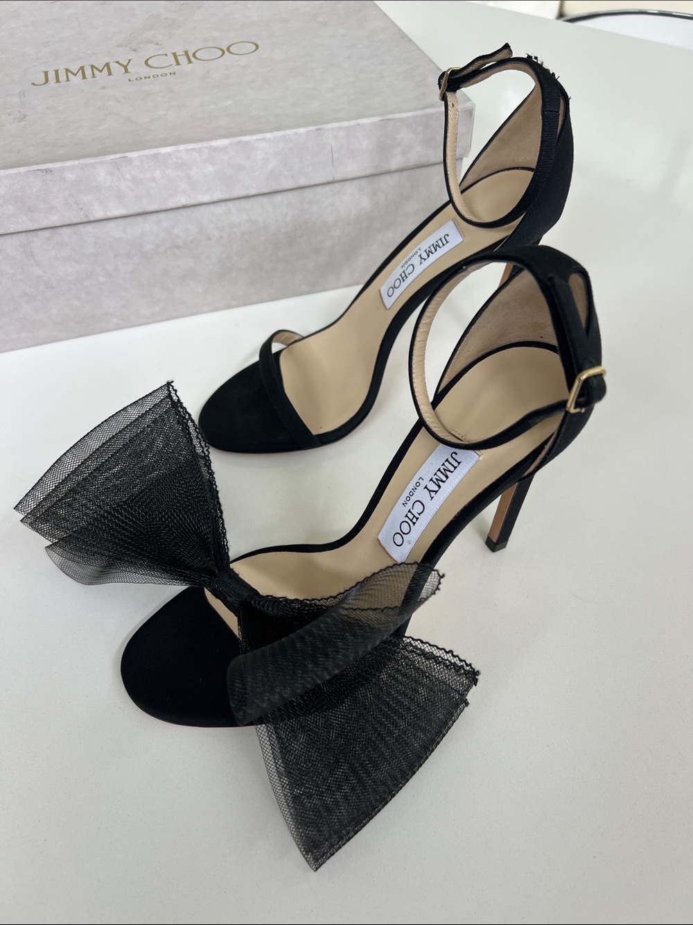 Jimmy Choo black aveline 100 open toe heels asymmetric fascinator mesh bow 38